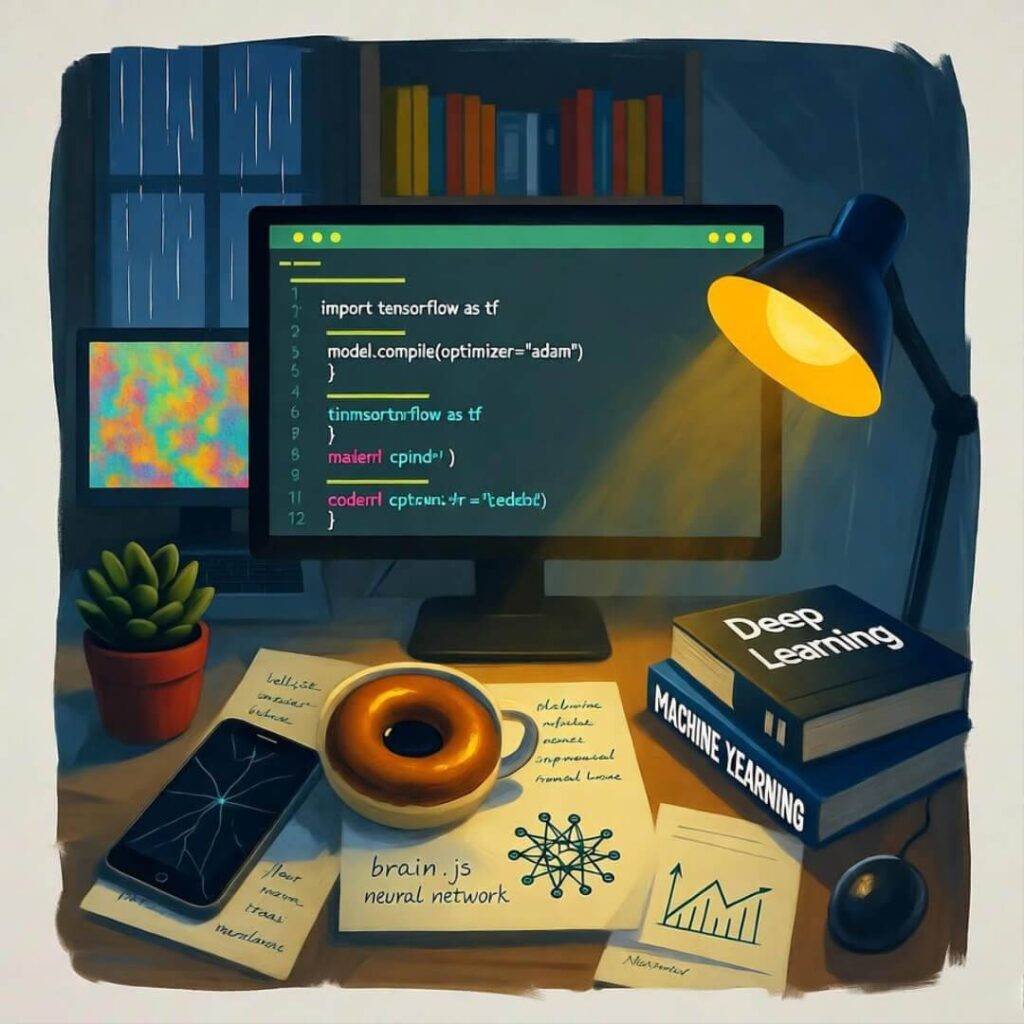 Cluttered desk glow, rainy Seattle code.