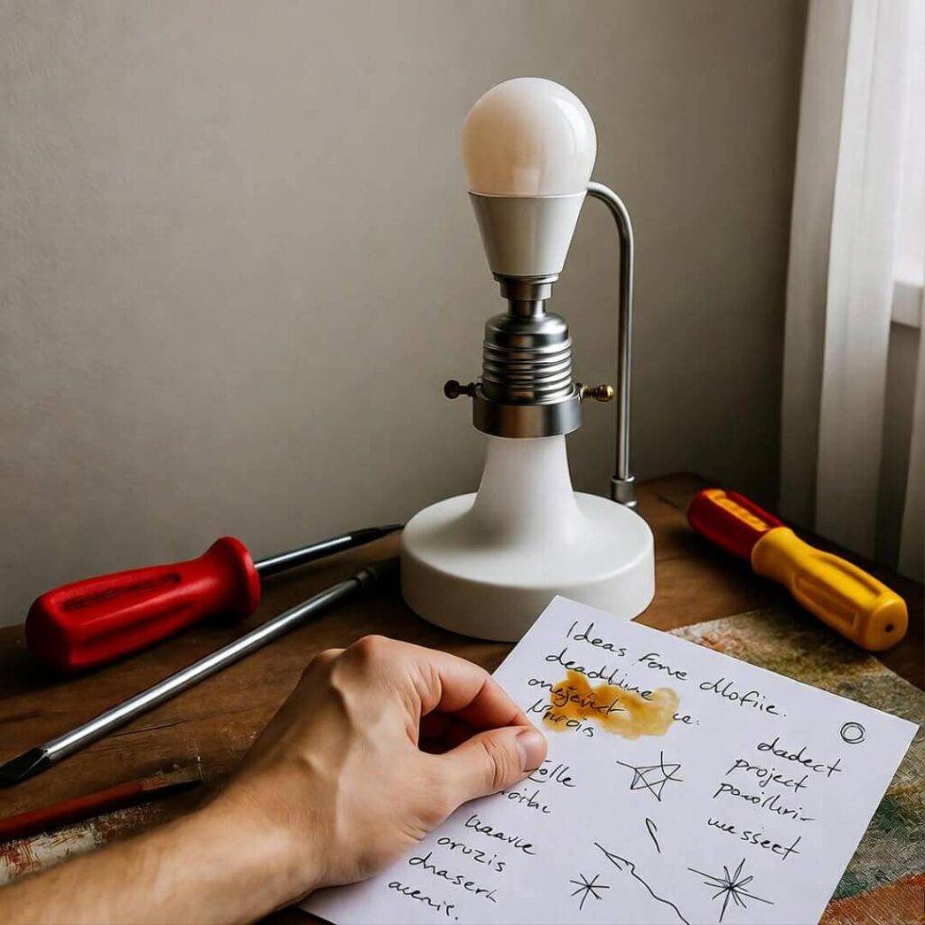 Messy installation of smart bulb in lamp amid scattered screwdrivers and optimism