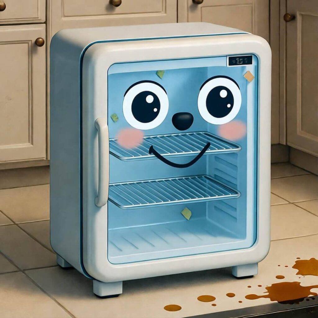 Cartoon fridge faces coffee spill.