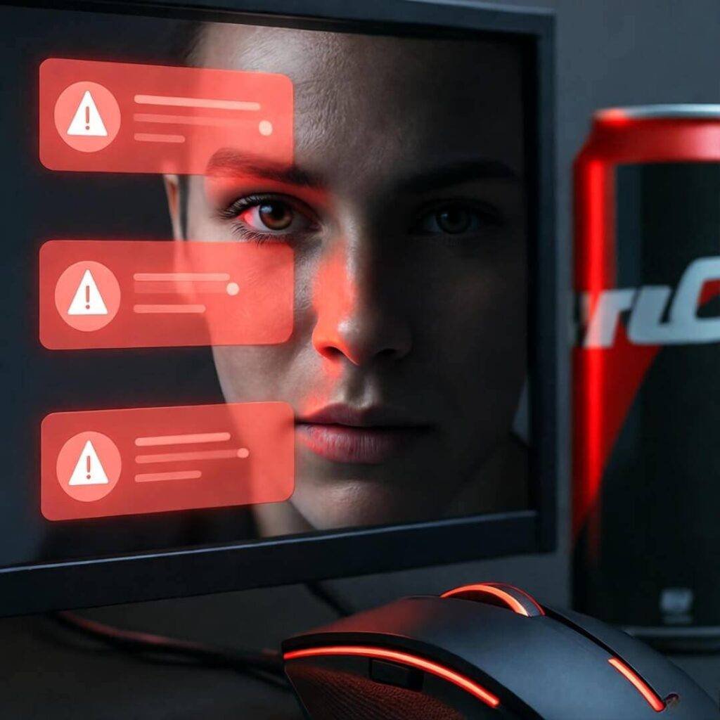 Red alerts light face, drink spills.