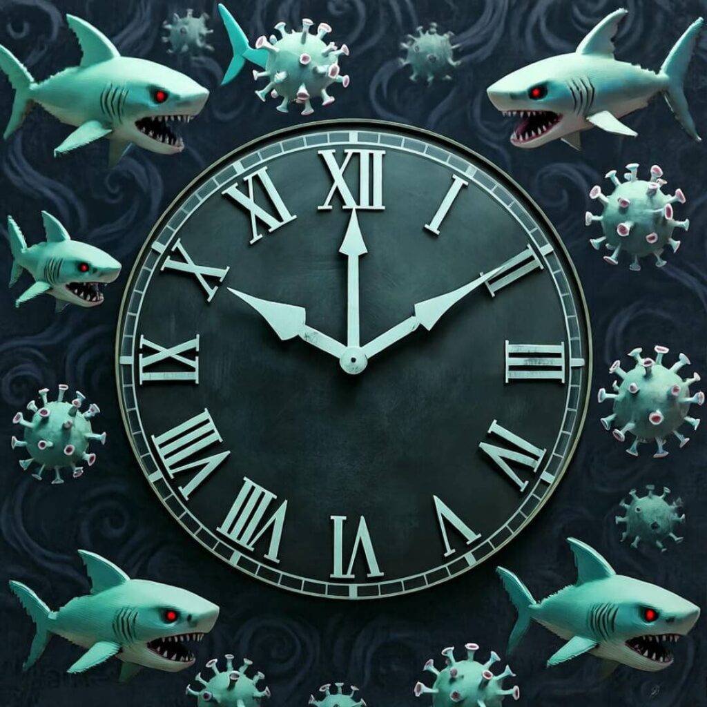 Doomsday clock, virus sharks circling.