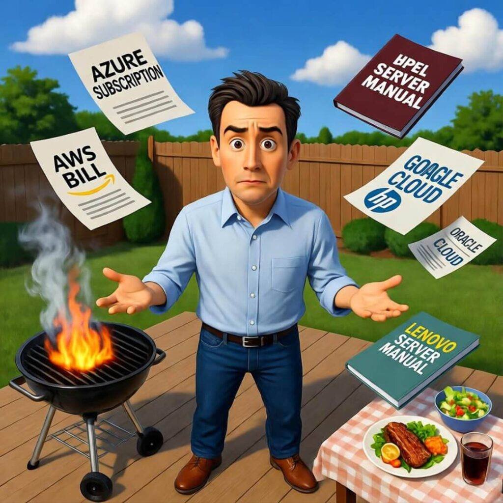 Juggling bills and manuals at chaotic BBQ.