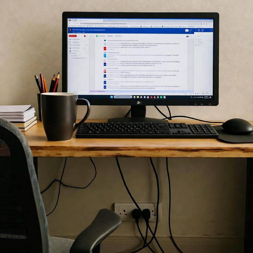 Under-desk chaos: tangled cords, open apps.