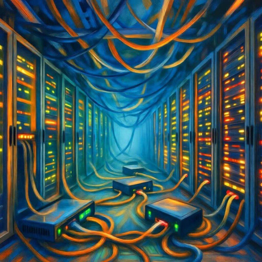 Tangled wires in chaotic server room.