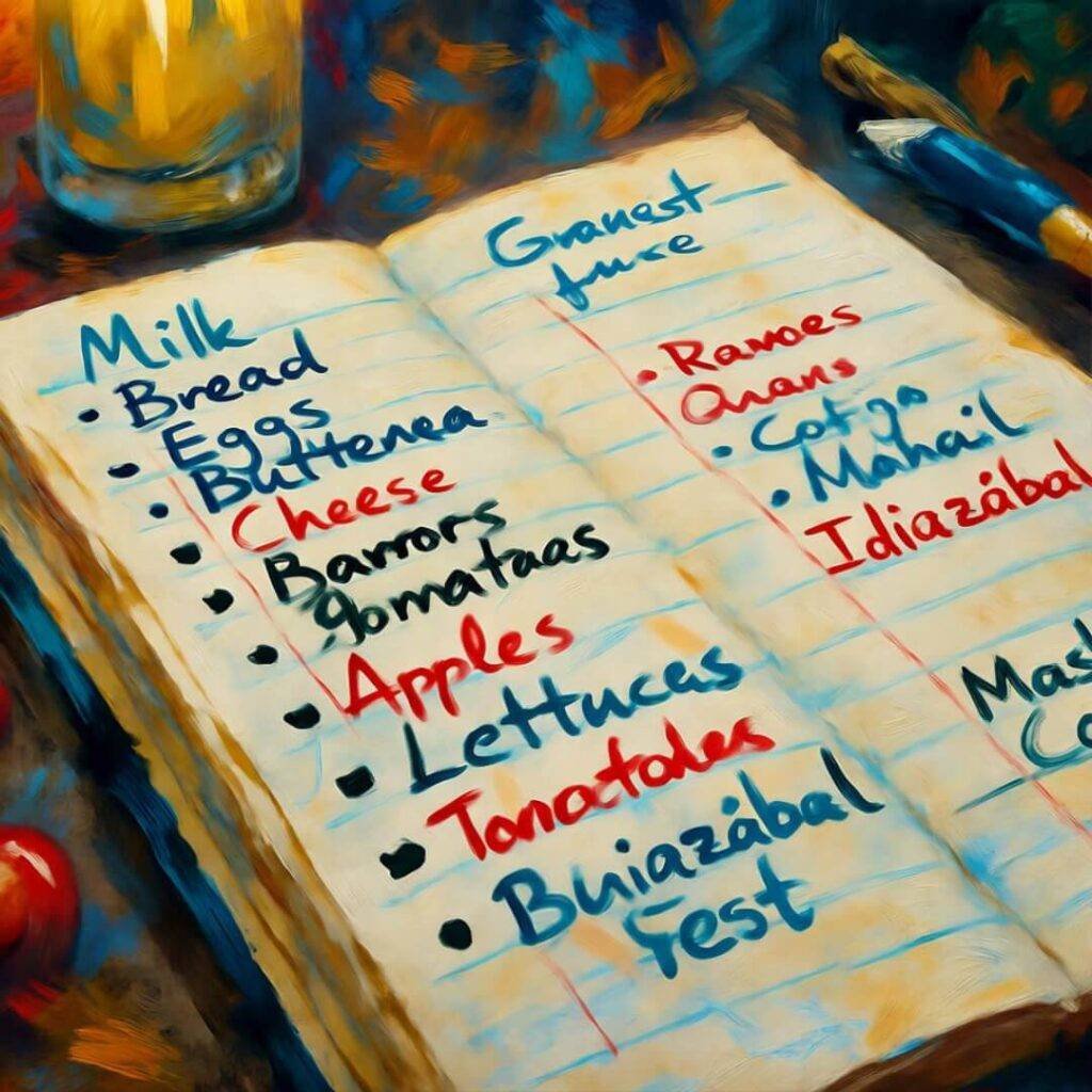 AI shopping list chaos in photorealistic blur.