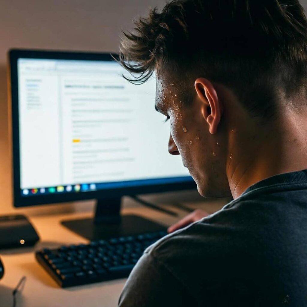 Sweaty profile staring at breach alert screen.