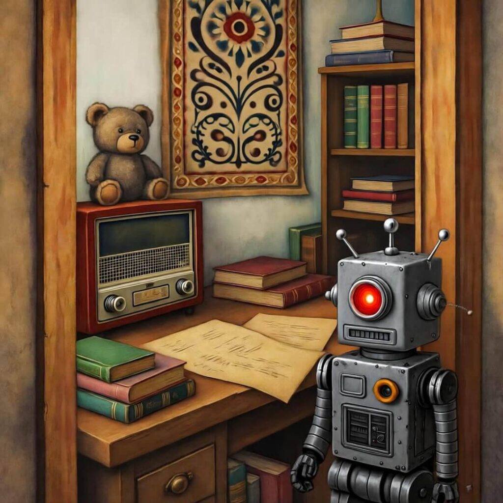 Quirky voice assistant setup with ghostly whisper motif in faded reds