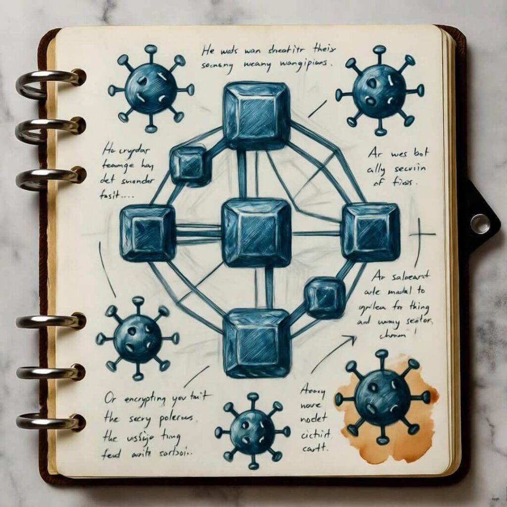 Notebook fortress blocks virus doodles.