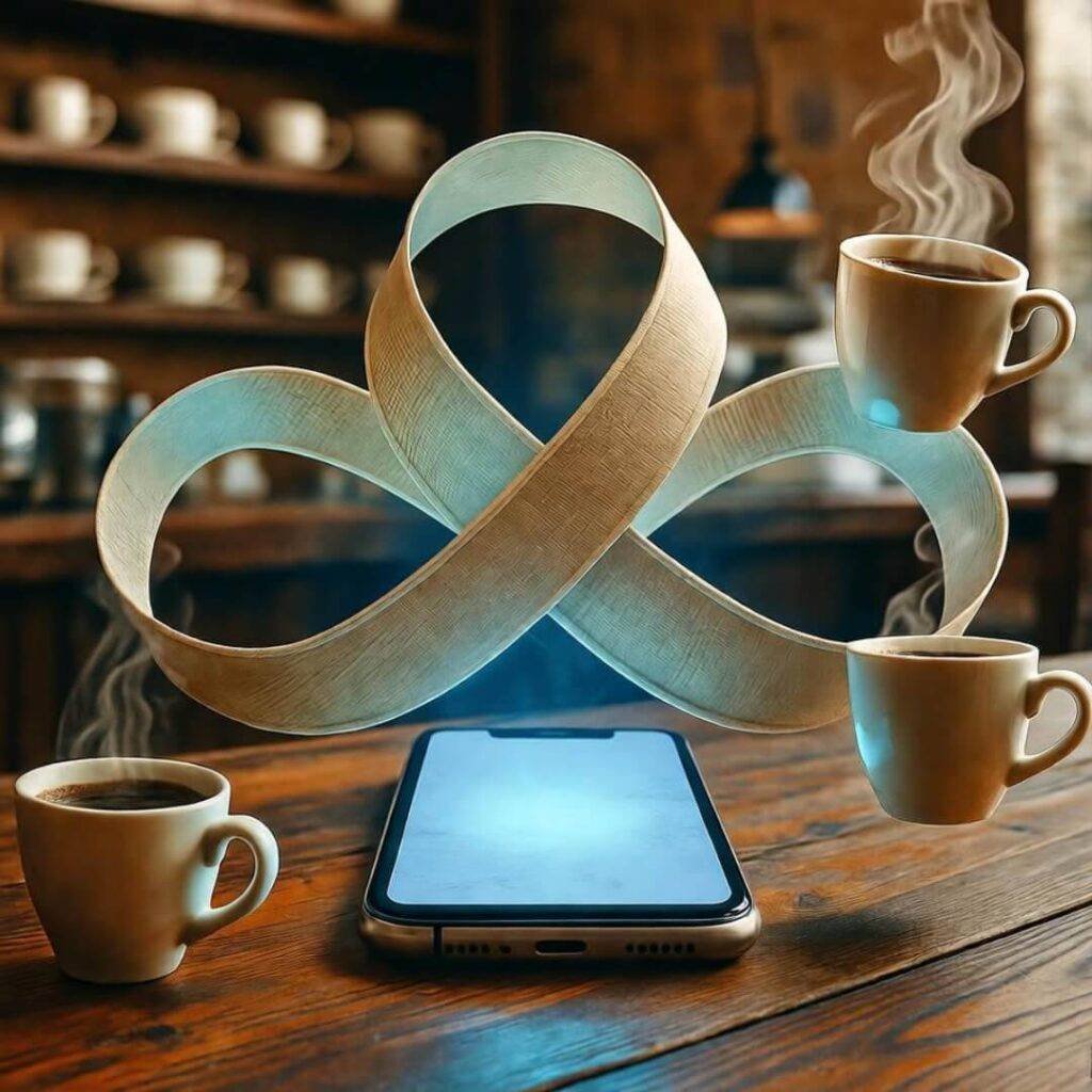 Infinity ribbon loops glowing phone, coffee icons.