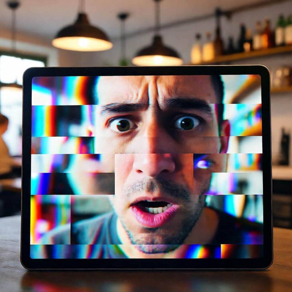 Frustrated face in glitchy coffee shop screen.