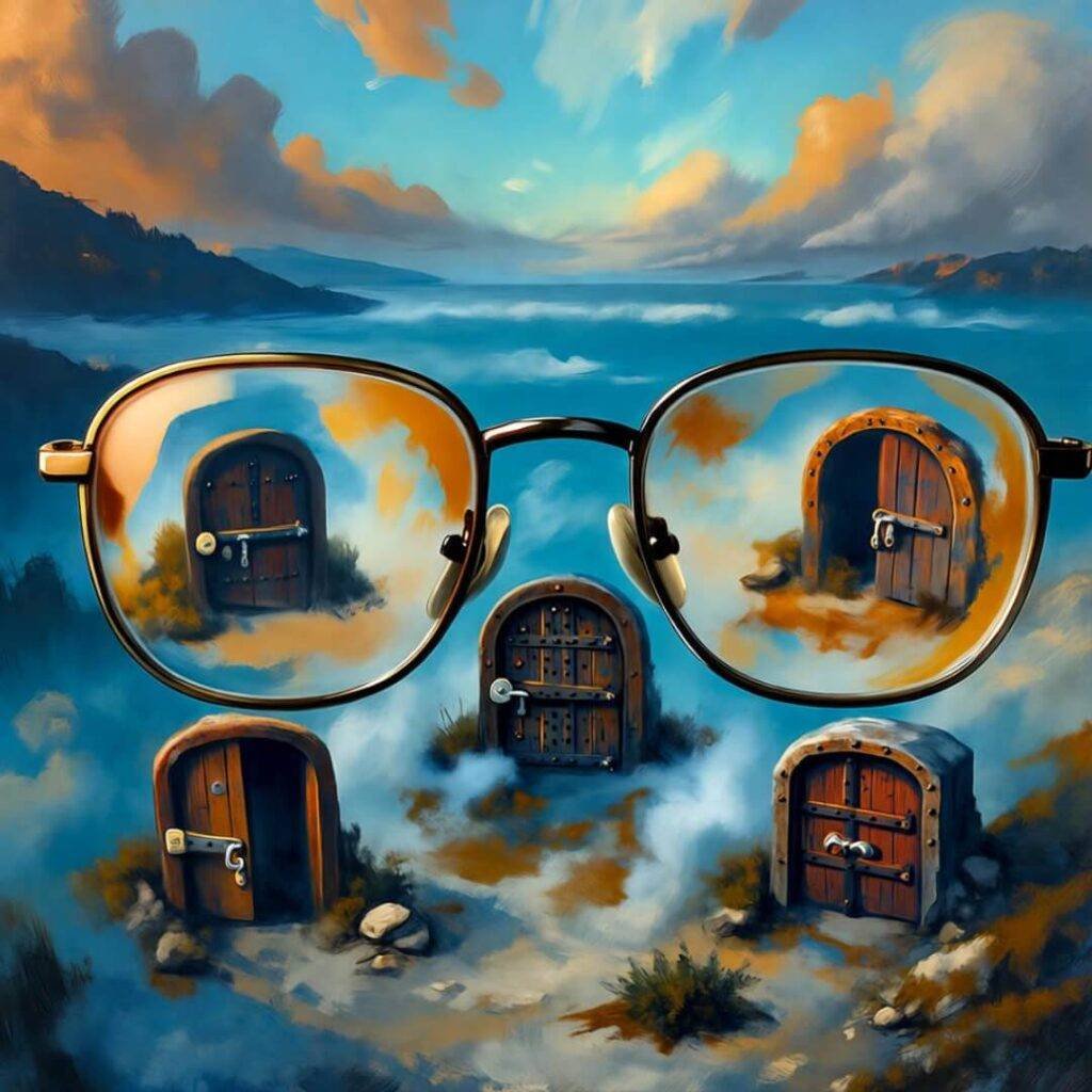 Locked doors through stained glasses.