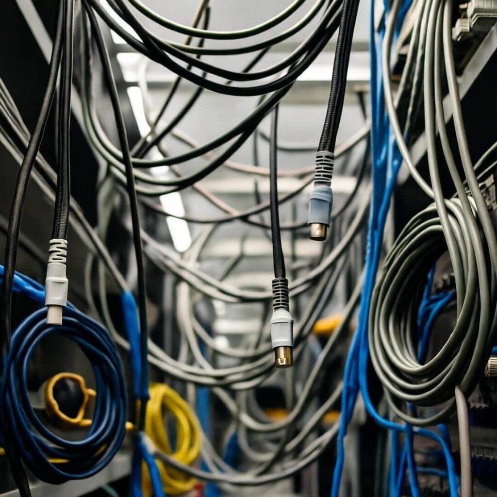 Tangled cables under desk risks