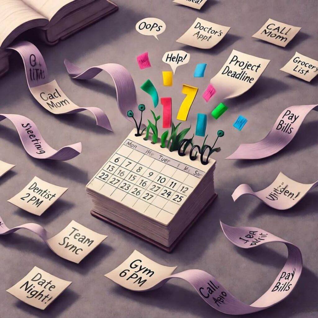 Exploding AI calendar in wry humor tones.