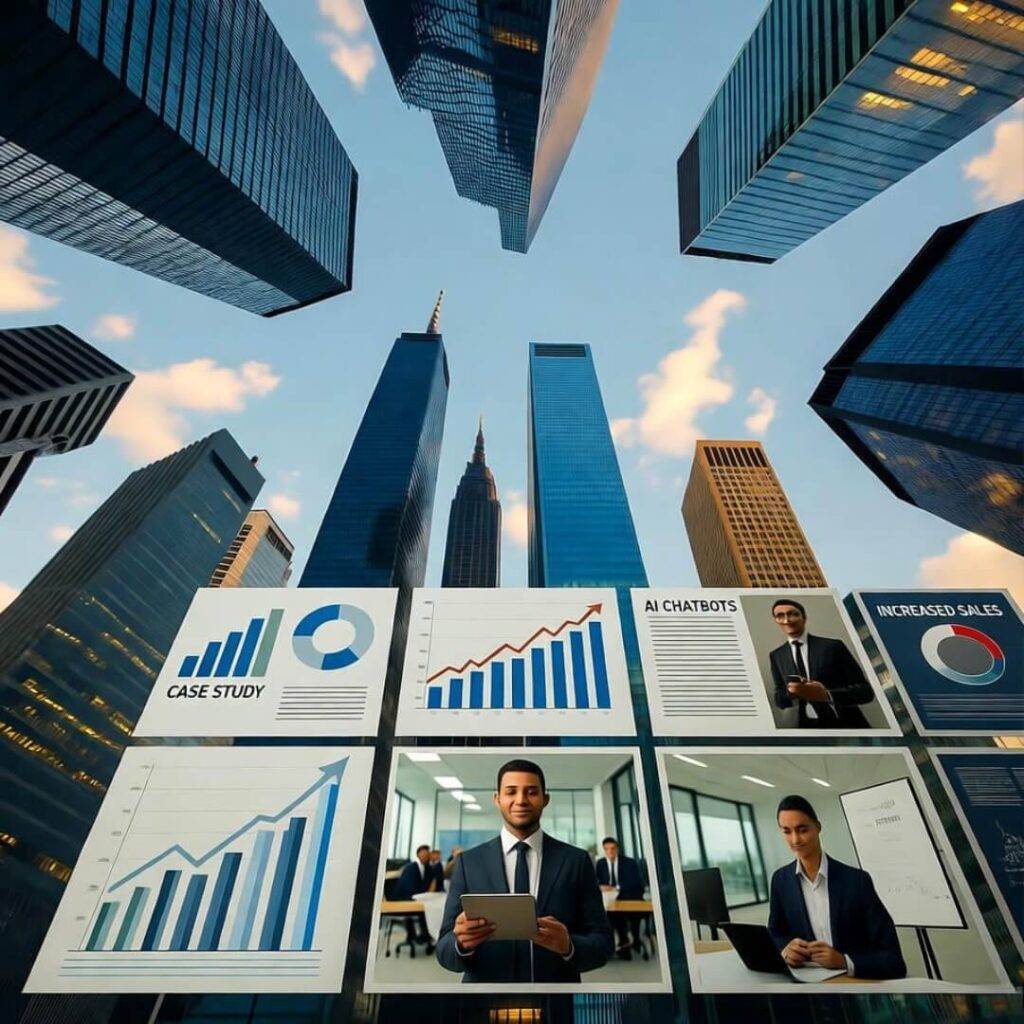 AI chatbots high-fiving sales charts in a cyber-city skyline.