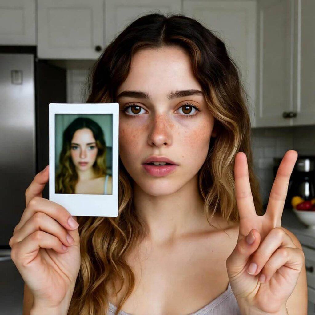 Blurry Polaroid selfie, peace sign, tired eyes.