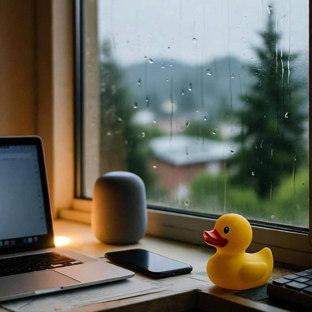 Duck guards rainy-window smart cam glow.