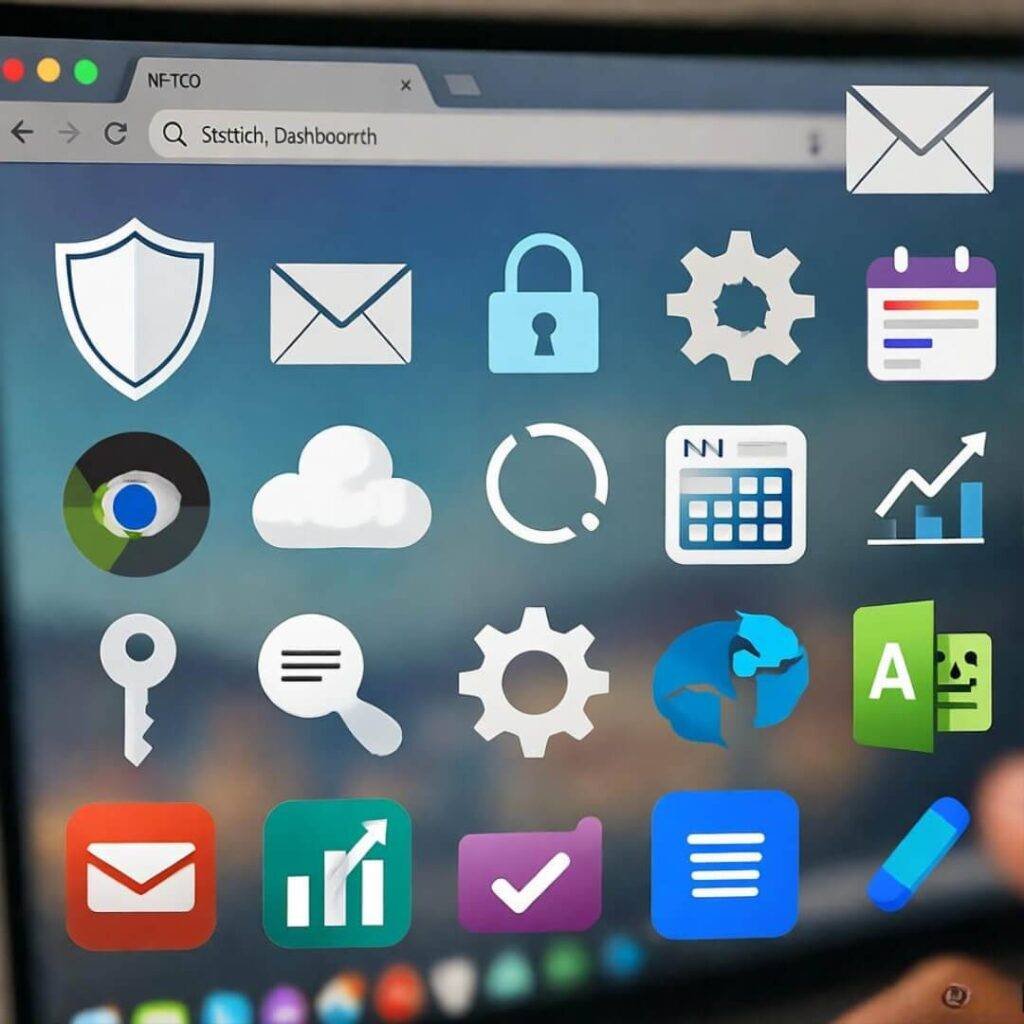 Cluttered dashboard of security tool icons.