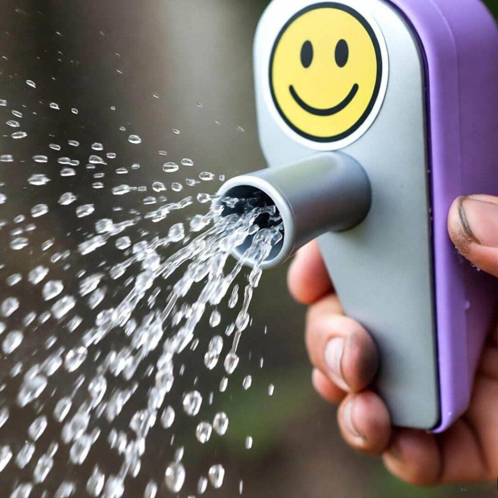 DIY automated plant waterer with smiling face on tank and clashing purple accents