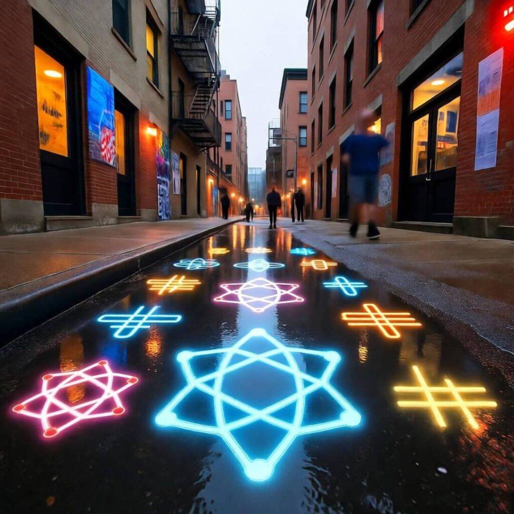 Blockchain reflects in rainy alley puddle.