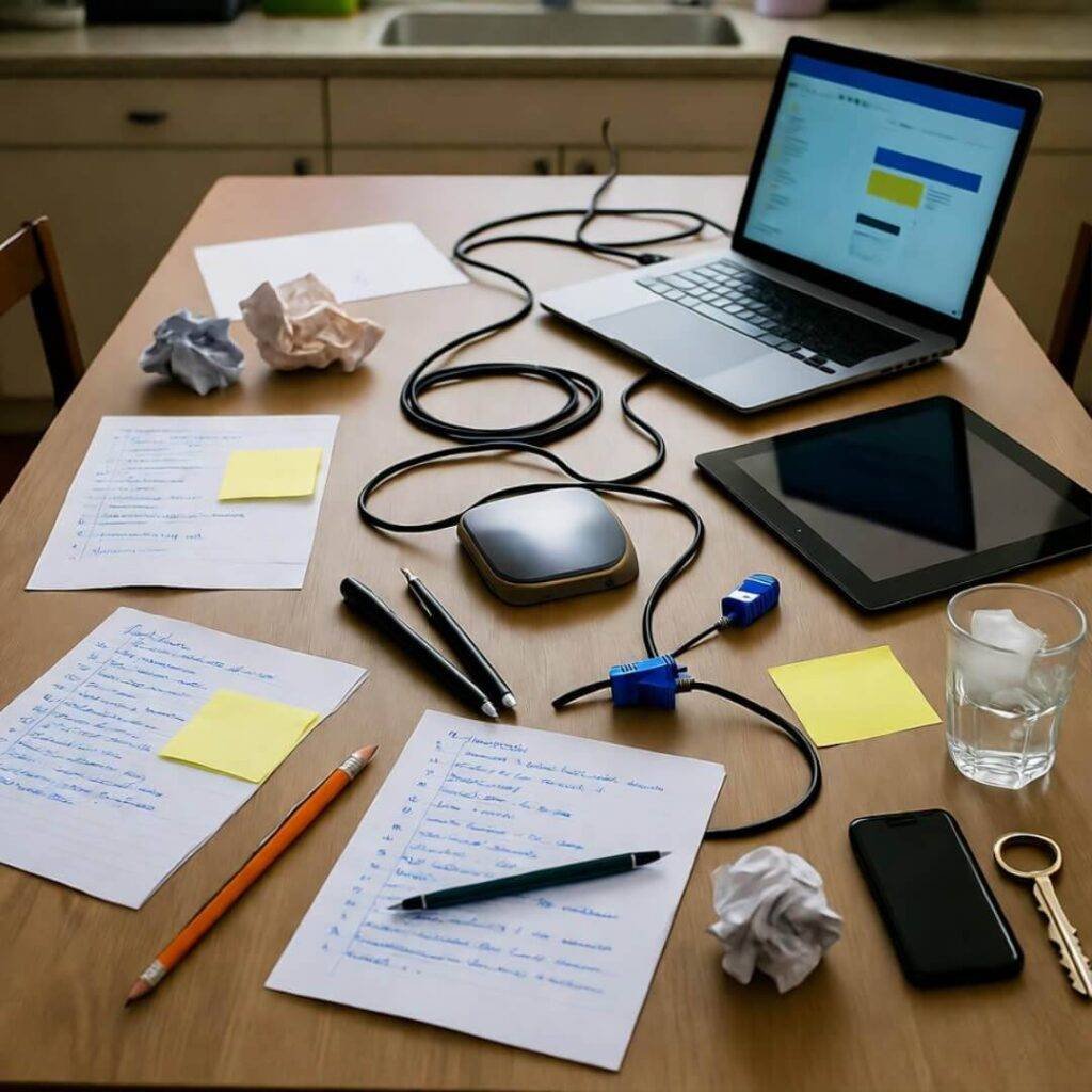 Kitchen table chaos: notes, cables, tablet.