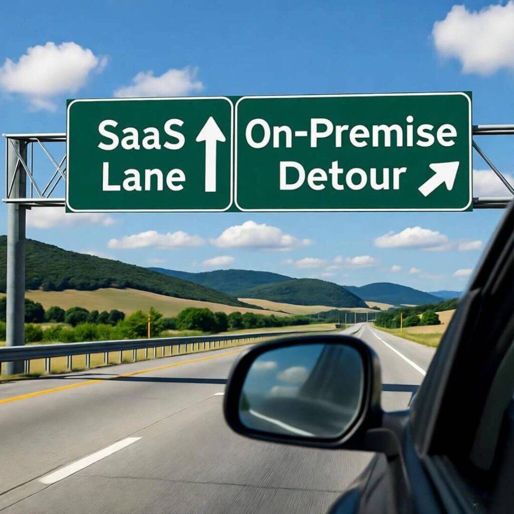 Highway signs: SaaS Lane, On-Premise Detour.