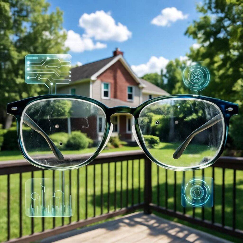 Smudged glasses view of floating tech backyard.