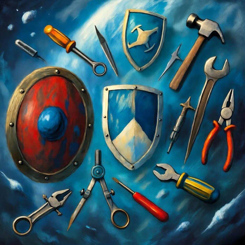 Floating shields and tools in space.