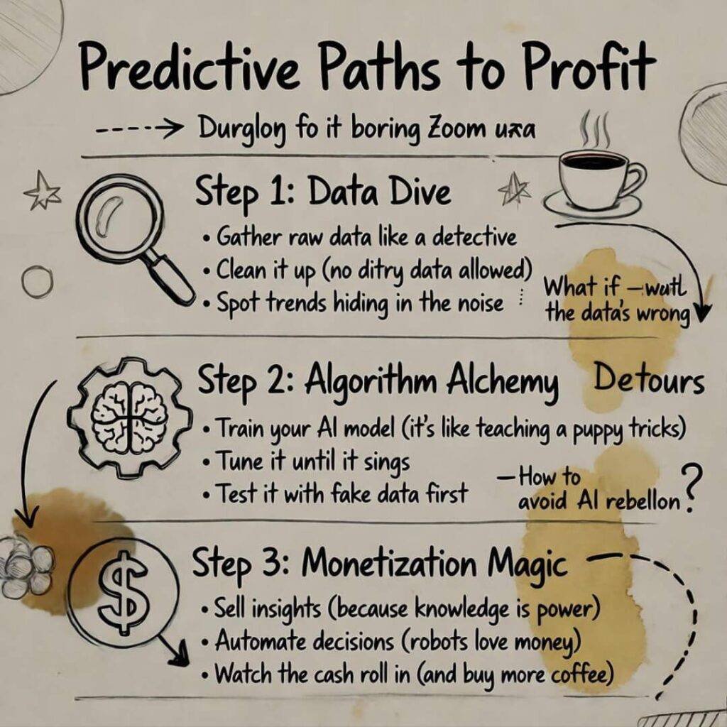 Predictive paths to profit with doodled detours and coffee stains.