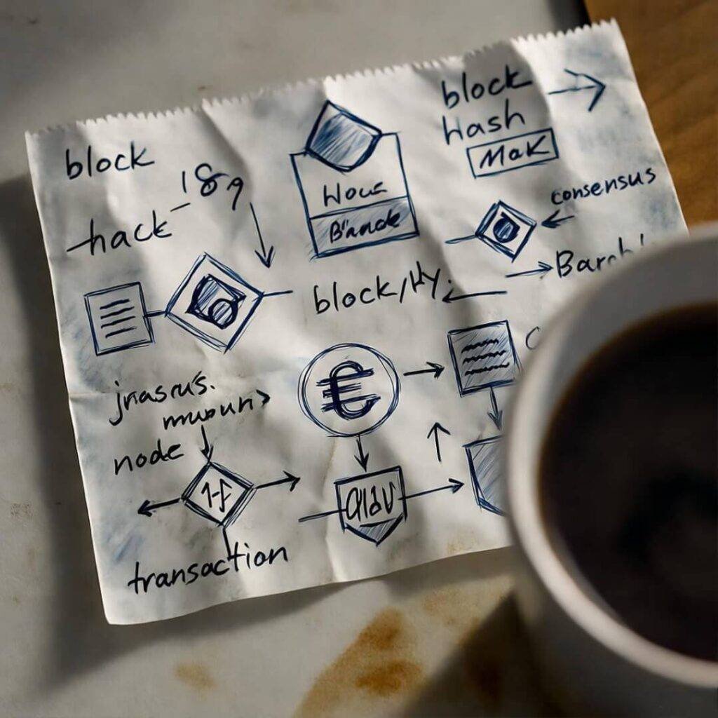Blockchain sketches on greasy wrapper.