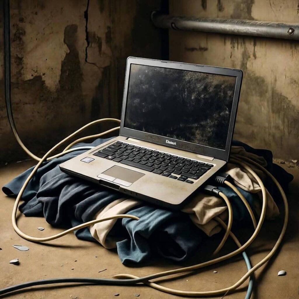 Dusty laptop mines crypto on laundry.