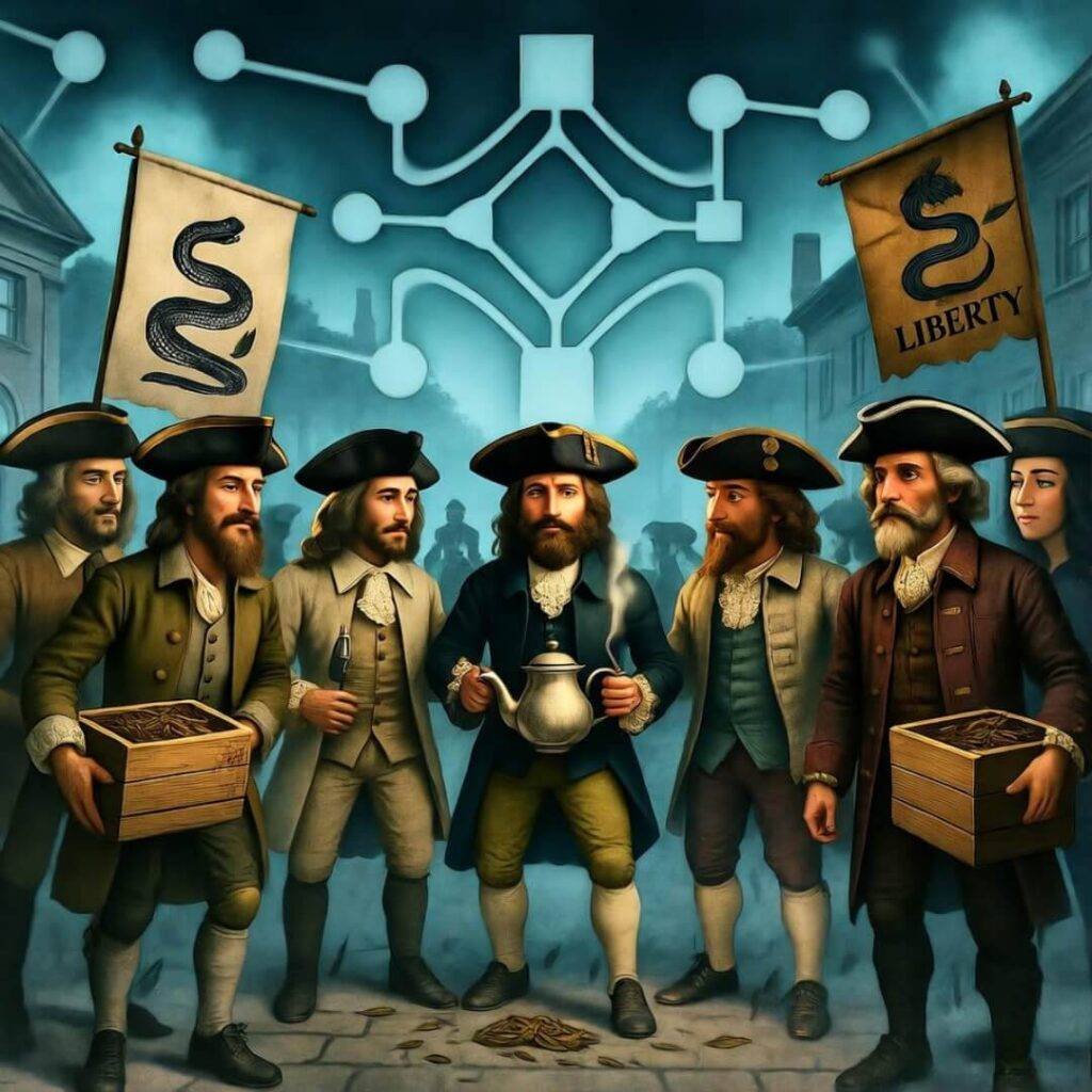 Tea Party rebels as blockchain avatars.