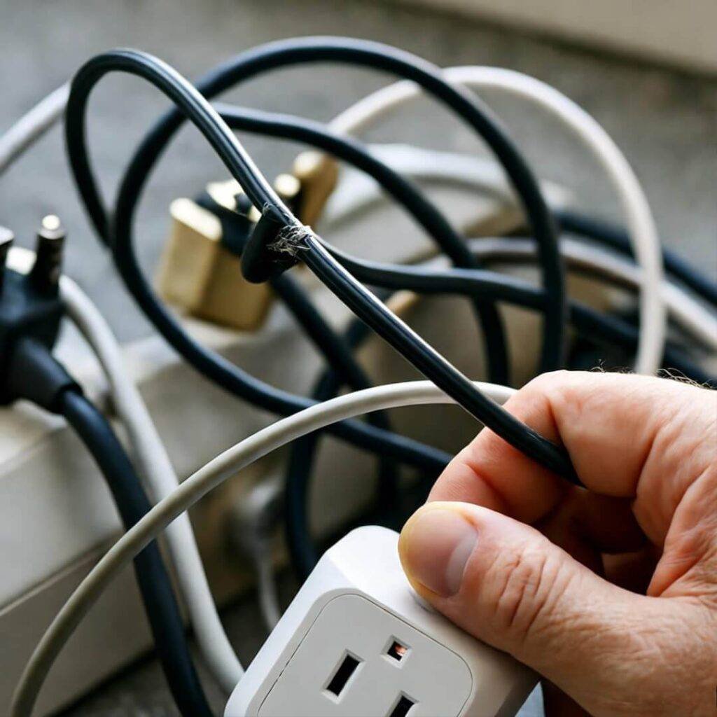 Tangled wires and hand holding smart plug