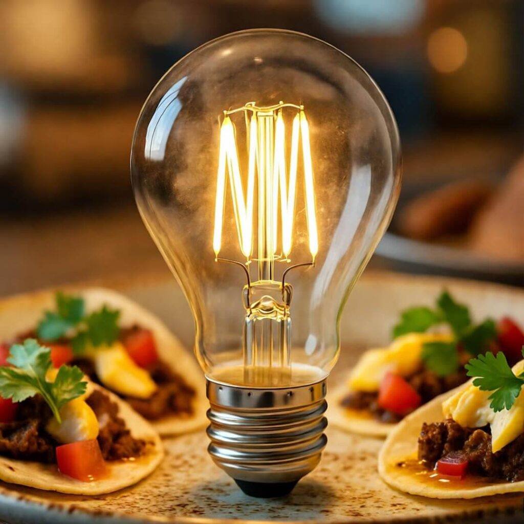 Flickering bulb towers over tacos.