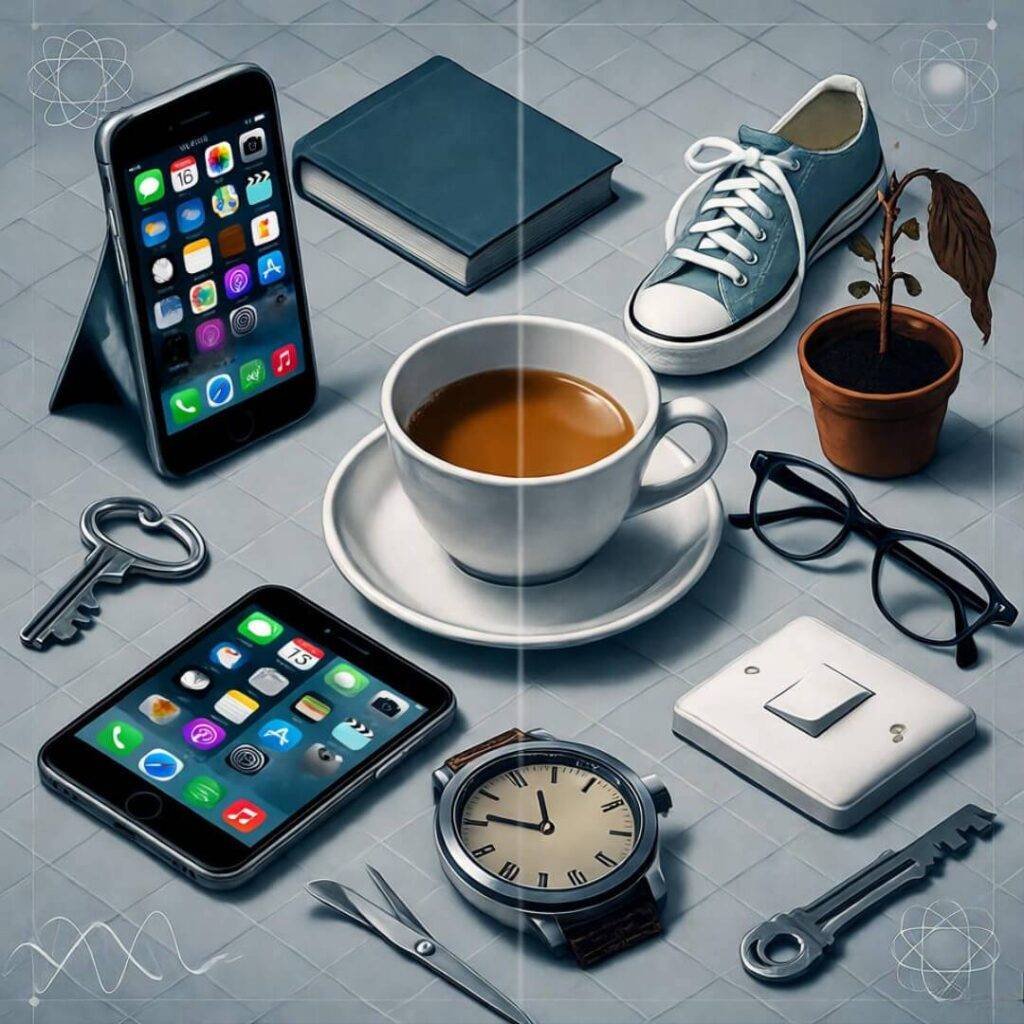 Superposition: everyday objects duplicated on table.