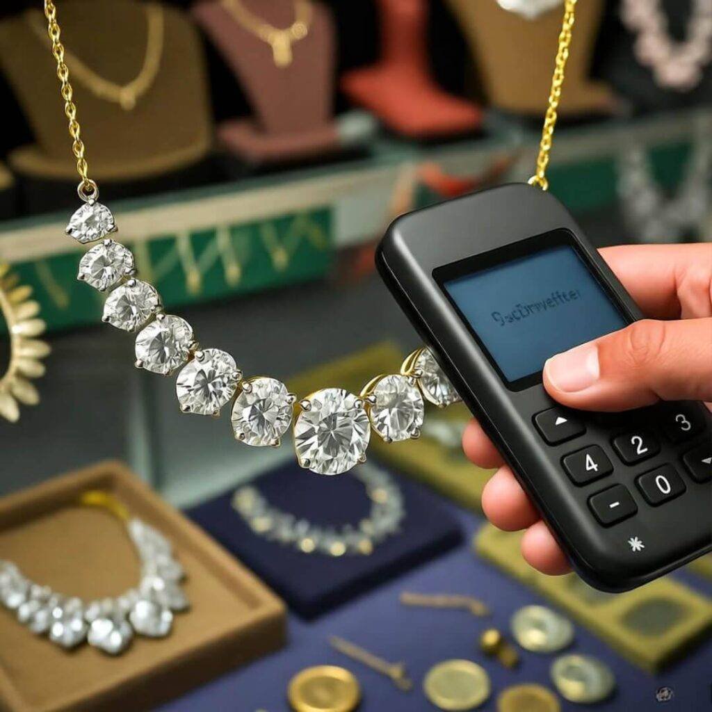 Shaky scan spots fake diamond necklace.