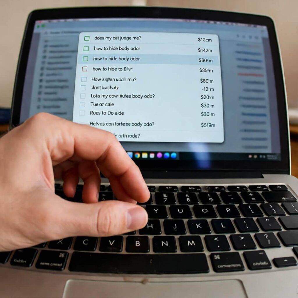 Hand hesitates over laptop delete, embarrassing searches glow.