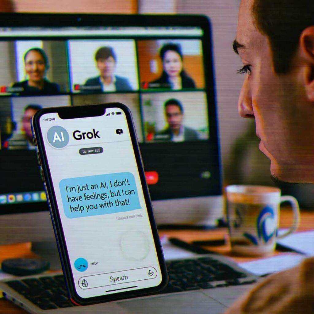 Over-shoulder sneak: Grok AI sasses on tilted screen amid coffee stains.