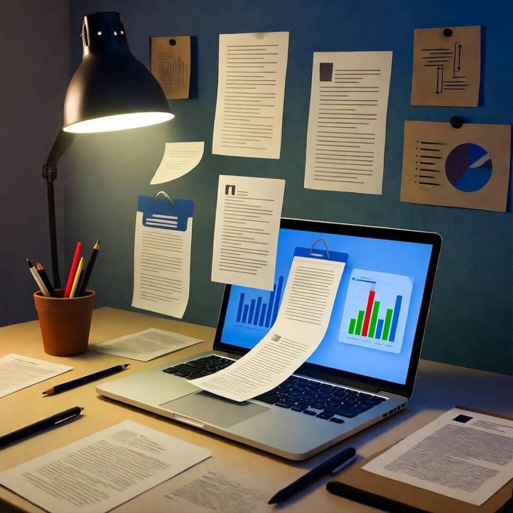 Chaotic data spill over messy laptop.