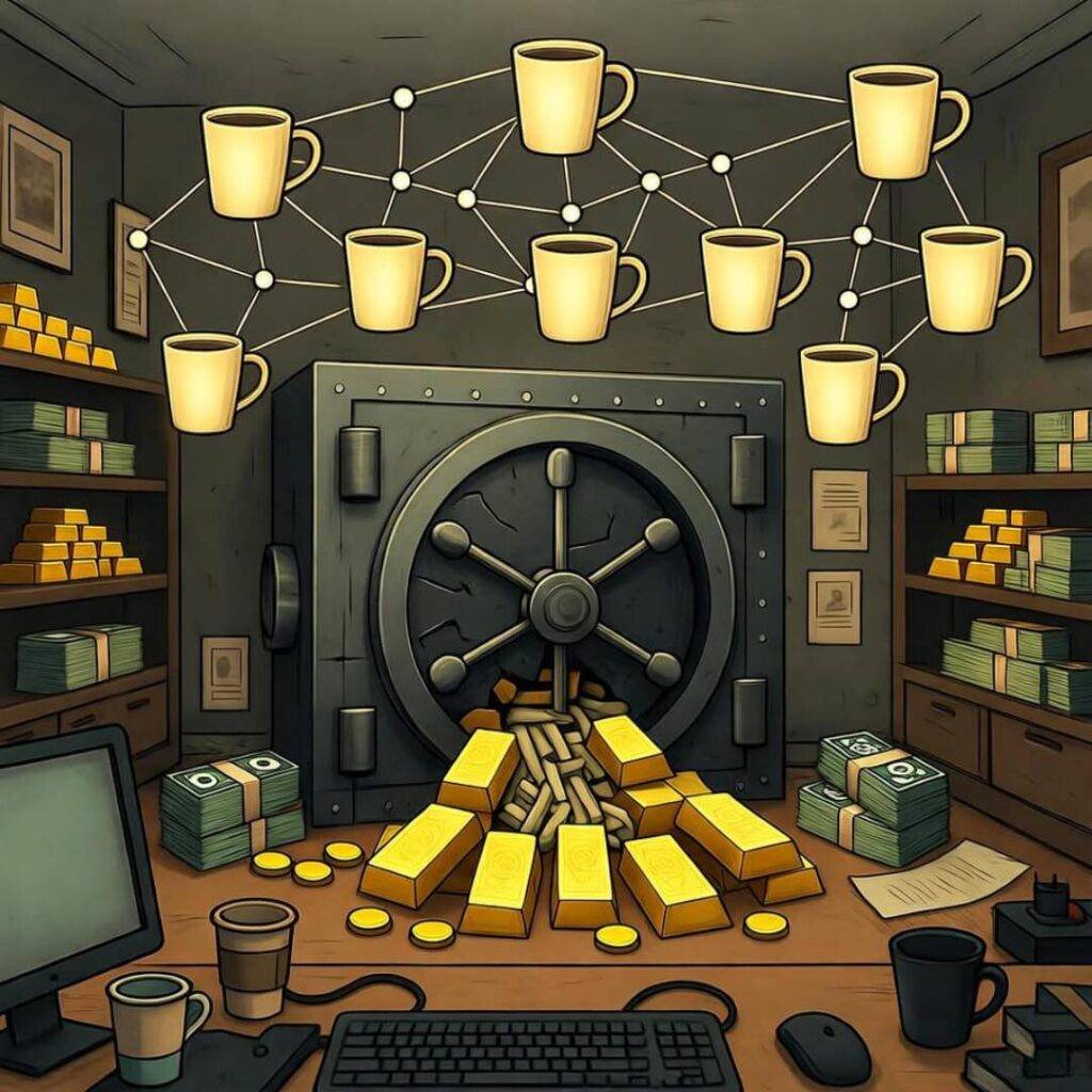 Vault spills into glowing coffee network.