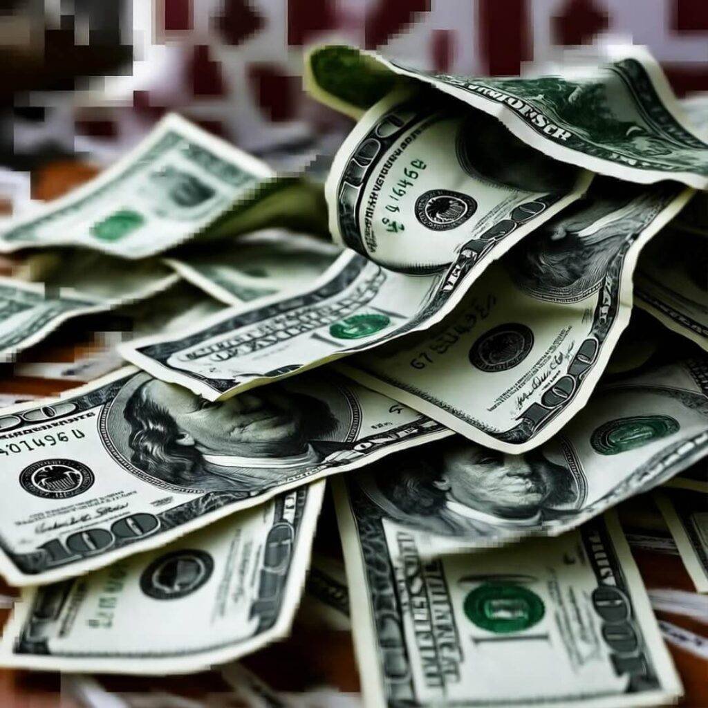 Dollars unravel into pixel chains.