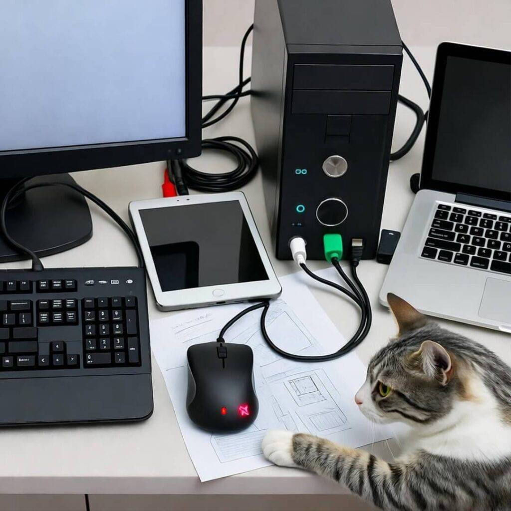 Cat batting mouse, quirky setup.