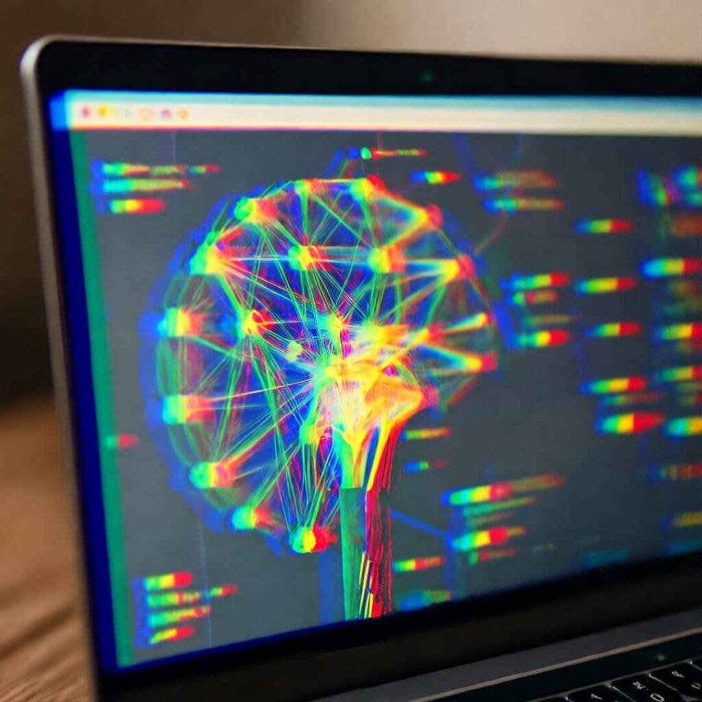 Glitchy neural nets warp laptop screen.