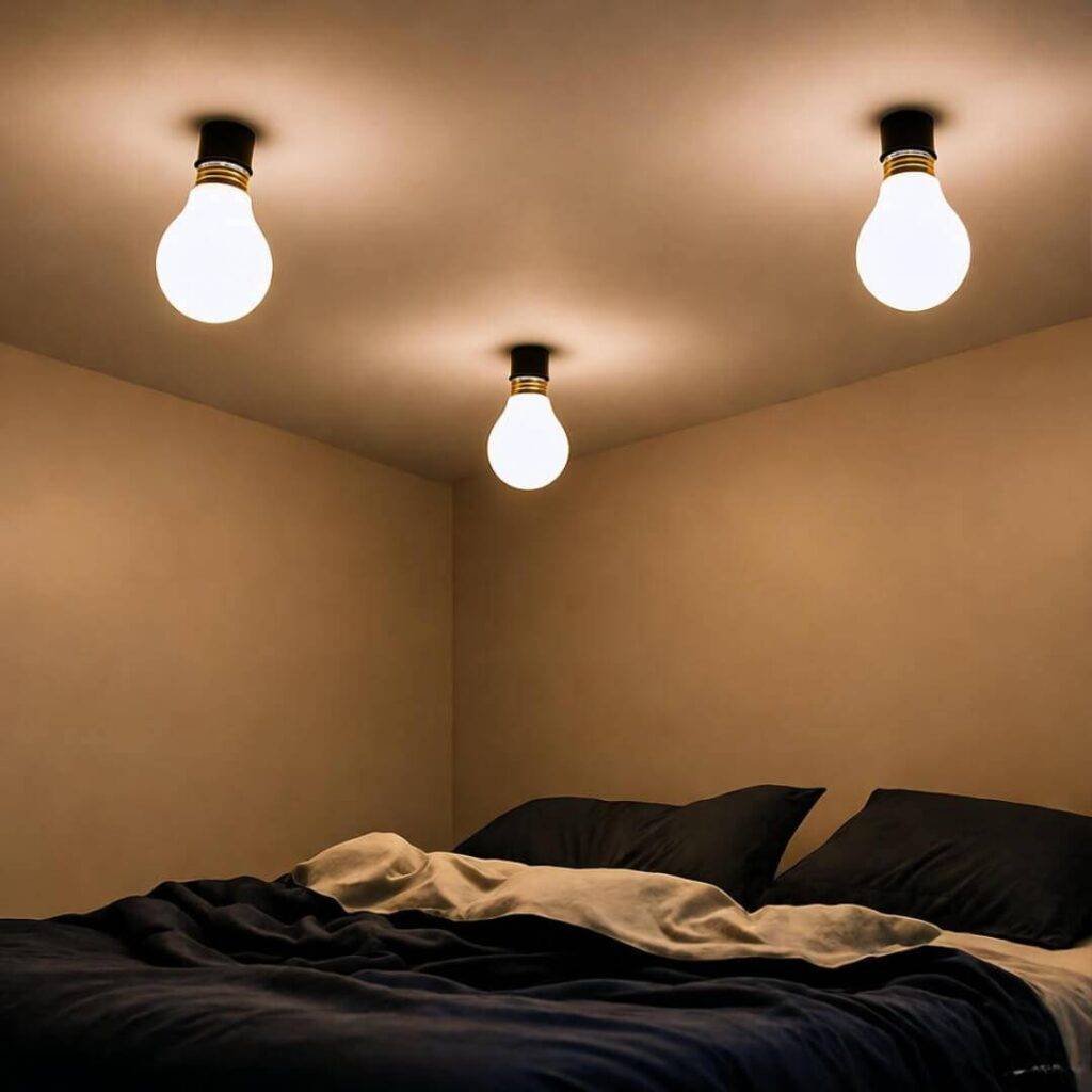 Bedroom bulbs glowing over wrecked sheets.