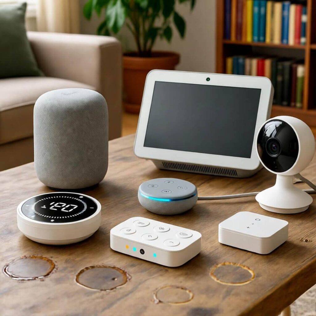 Coffee-stained table with mismatched smart devices