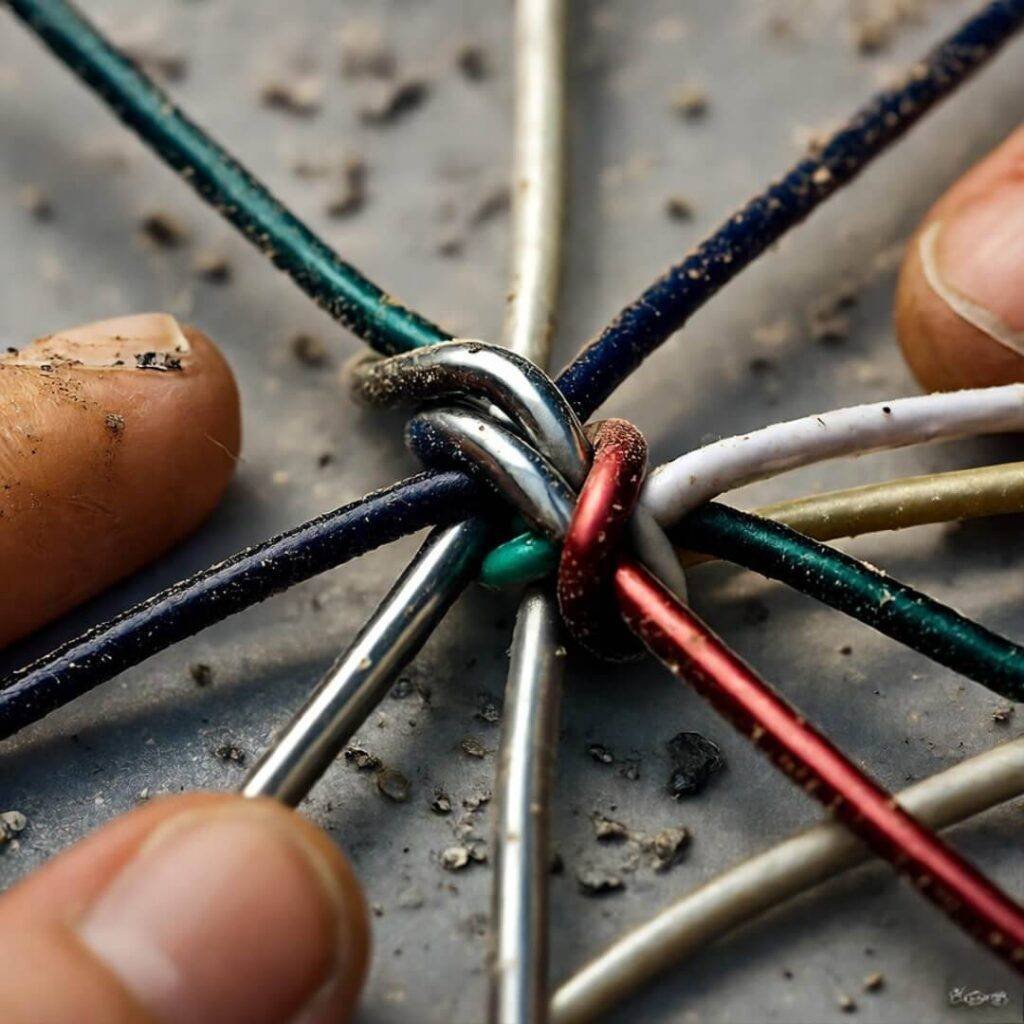 Tangled wires knotted with dusty fingerprints.