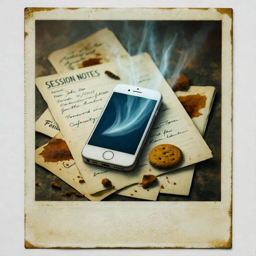 Smartphone buried in therapy notes, crumbs, coffee leaks.