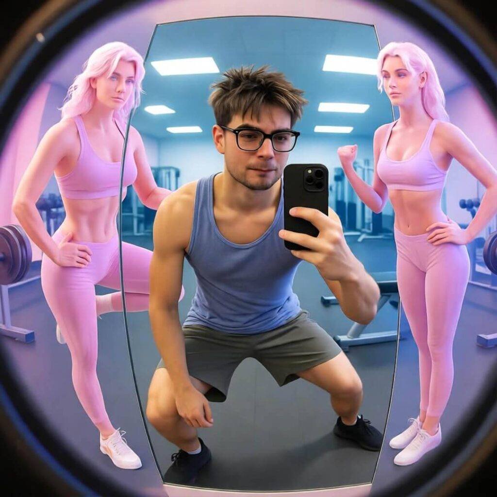 Fisheye gym lunge: vaporwave AR ghosts mock sweaty donut fail.