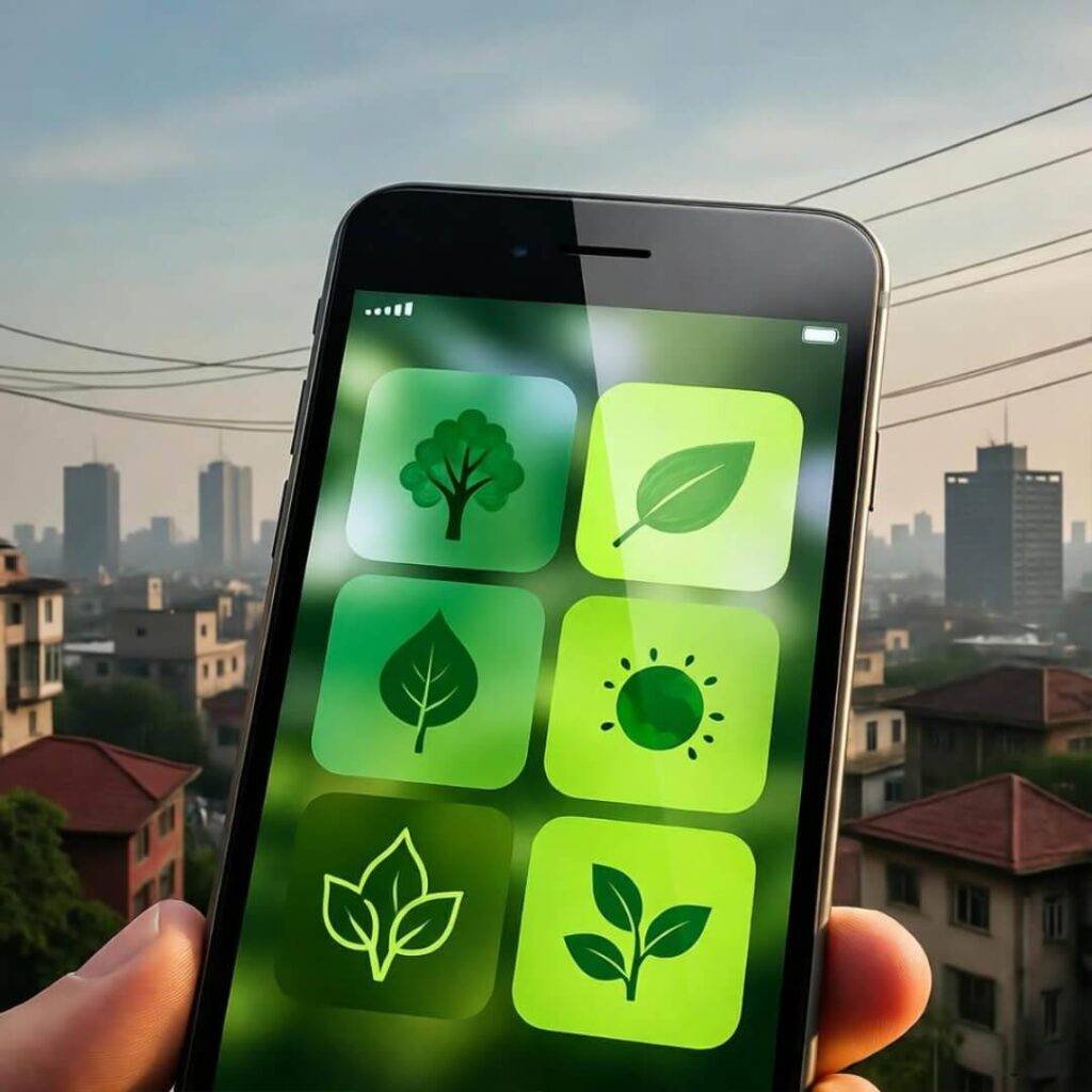 Tilted shot of green thumb app shaming my trashy habits in urban grit.