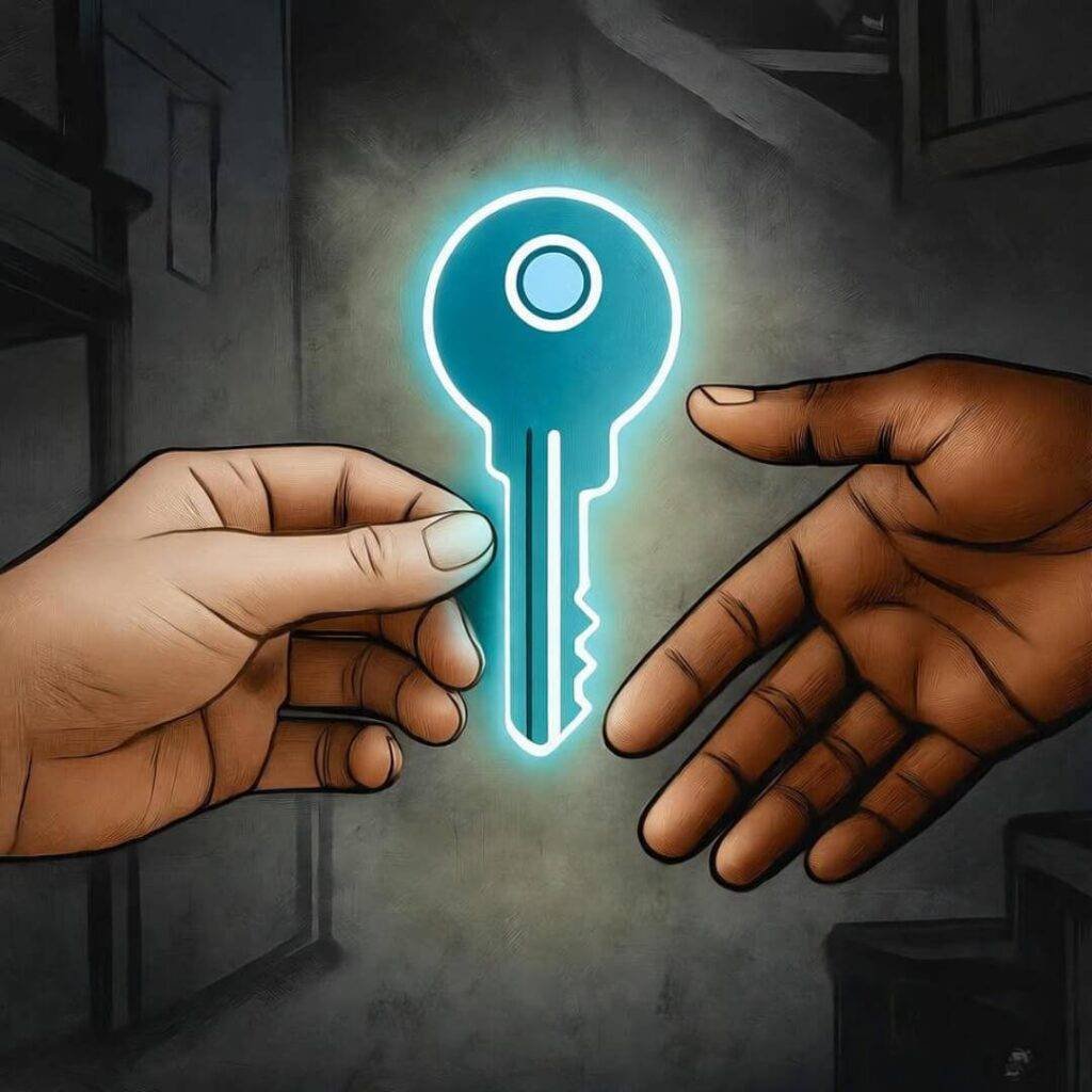 Hands passing digital key under table.