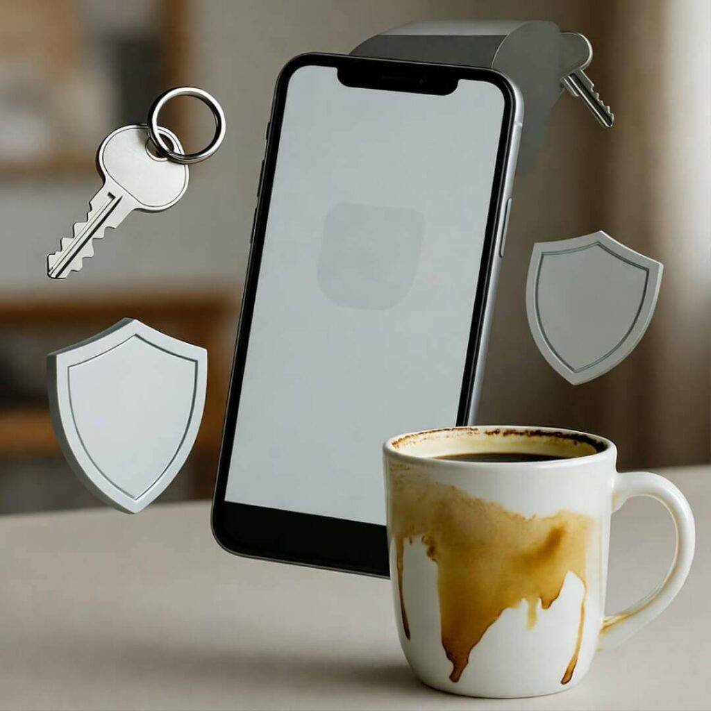 Floating shields, keys, stained mug.